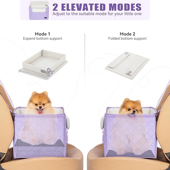 PETSFIT Dog Car Seats for Small Dogs – Patented Safety Buckles – Safety Tether – Foldable Travel Cat Car Seat Reduces Anxiety & Road Trips – Stable Frame, Fits Front/Back Seat (Lavender Purple)