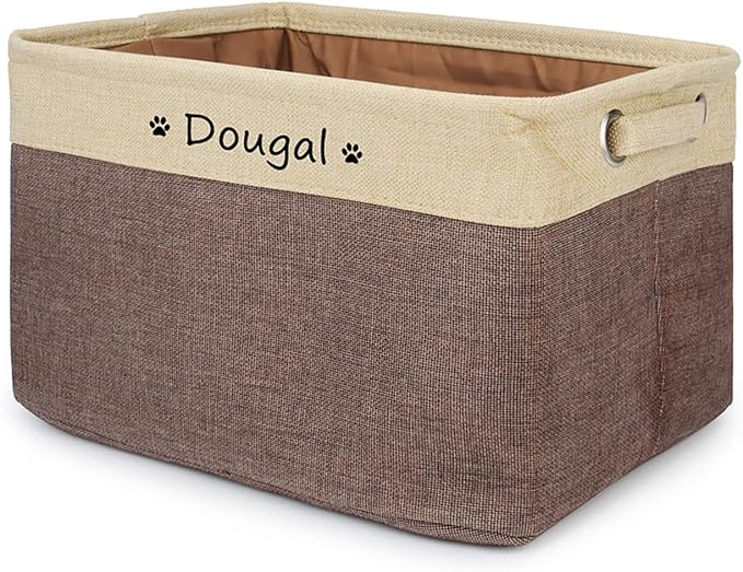Personalized Dog Toy Bin , Foldable Dog Toy Basket Storage with Handles , Customized Name and Paw Print Pet Toy Box for Organizing Food Clothes Blanket and Pets Accessories(Coffee)