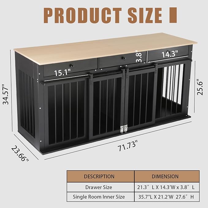 Sunseen Dog Crate Furniture Large Breed Wooden Dog Kennel with Room Divider & 3 Drawer,Black Double Doors Heavy Duty Dog Crate End Table Indoor TV Stand for Small Medium Large Dog,72''W*24''D*35''H