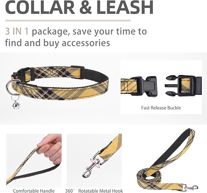 PUPTECK Adjustable Dog Harness Collar and Leash Set Step in No Pull Pet Harness for Small Medium Dogs Puppy and Cats Outdoor Walking Running, Soft Mesh Padded Reflective Vest Harnesses, Yellow, L