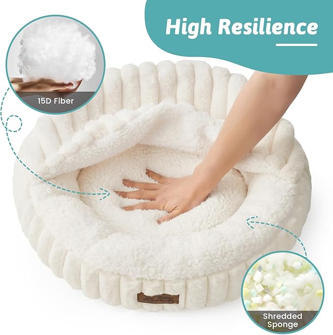 Cat Bed with Hooded Blanket, Round Fluffy Anti-Anxiety Pet Bed for Cats/Toy Breed Dogs, Cozy Donut Cuddler with Machine Washable Faux Fur & Anti-Slip Bottom(20"×20"×6",Cream)