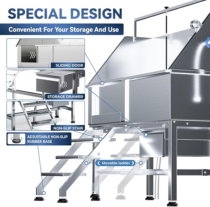 46" Dog Washing Station, Professional Stainless Steel Dog Bathtub w/Ramp & Storage Drawer, Adjustable Grate, Non-Slip Design, Perfect for Home Grooming & Large Dogs (46" Left Stair)