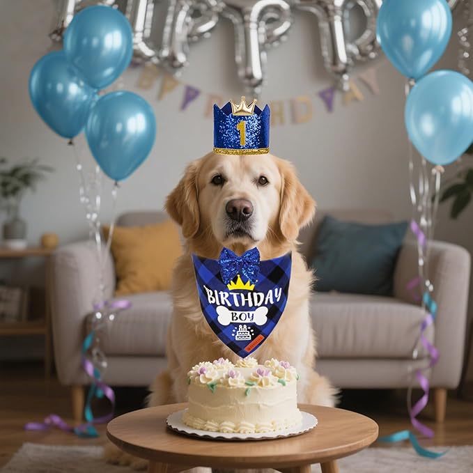 ADOGGYGO Dog Birthday Hat Bandana - Navy Blue Birthday Boy Dog Bandana Pet Party Hat with Numbers Bow and Happy Birthday Banner Set (X-Large)