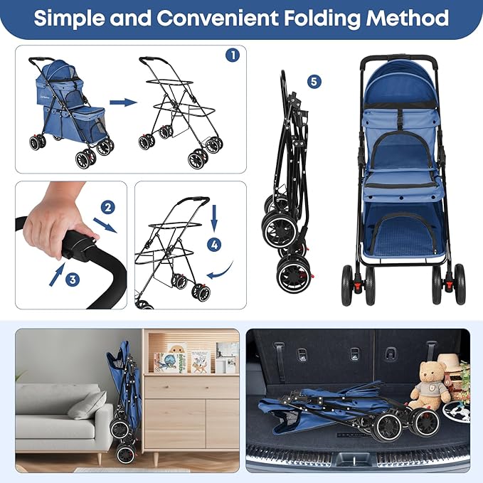 Double Pet Stroller for Dogs and Cats,Cat Strollers for 2 Cats,Double Dog Stroller for 2 Small Medium Dogs,4 Lockable Wheels/Lightweight/Folding,Navy Blue
