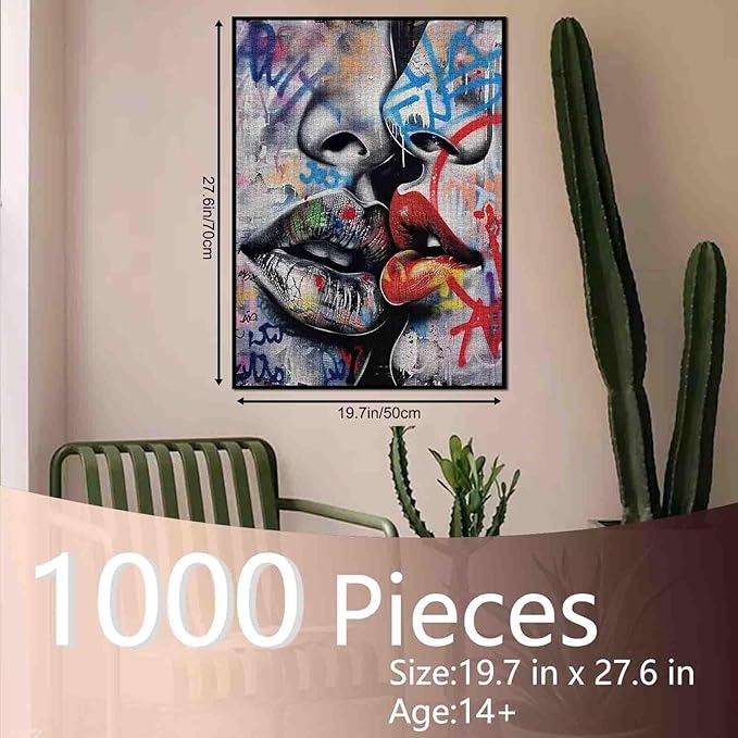 Love Couple Jigsaw Puzzle Street Graffiti Art 1000 Piece Jigsaw Puzzles for Adults Red and Black Lips Touching Home Decoration Family Puzzle Perfect for Game Nights Ideal Gift Choice 20 x 27 Inch
