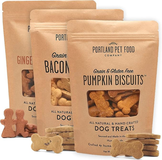 Portland Pet Food Company Natural Dog Treats Variety Pumpkin Gingerbread & Bacon Dog Biscuits - Grain-Free, Human-Grade Healthy Training & Snacks - Puppy, Small, Large Breed - Made in the USA - 3 Pack