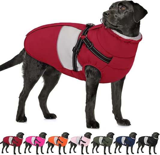 AOFITEE Dog Coat, Large Dog Jacket, Dogs Coat with Harness Built in, Reflective Waterproof Dogs Jackets Winter with Furry Collar, Warm Polar Fleece Pet Sweater Snowsuit for Doberman, Great Dane, XXL