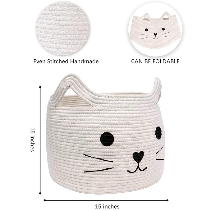 VK VK·LIVING Animal Hamper Large Woven Animal Cotton Rope Storage Basket Laundry Basket Organizer With Cat Design for Towels Blanket Toys Clothes Pet Hamper for Cat 15 L x 15 H