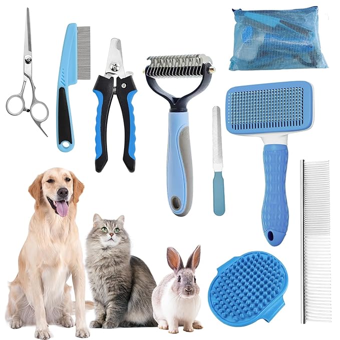 Dog Brush for Shedding,9 PCS in One Pet Slicker Hair Brush Kit with Pet Nail Clipper and File - Dog Cat Grooming Deshedding Undercoat Rake Brush Comb for All Small Large Dogs Cats Blue
