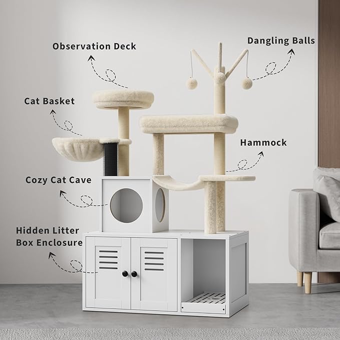 Litter Box Enclosure with Cat Tree Tower and Condo, Hidden Cat Washroom Furniture with Sisal Scratching Post & Soft Plush Perch, Wooden Cat Furniture with Multiple Platforms,White