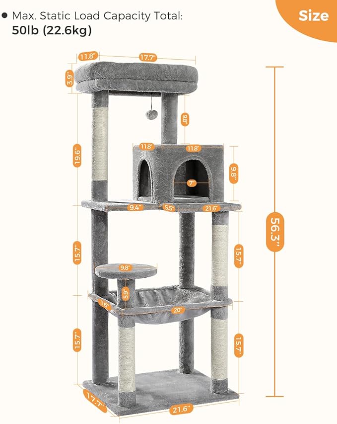 Cat Tree for Large Cats Adult with Metal Plush Big Hammock, 56.3" Cat Tower with 2 Door Condo House, 6-Tier Cat Shelves with Scratching Posts and Large Top Perch, Gray