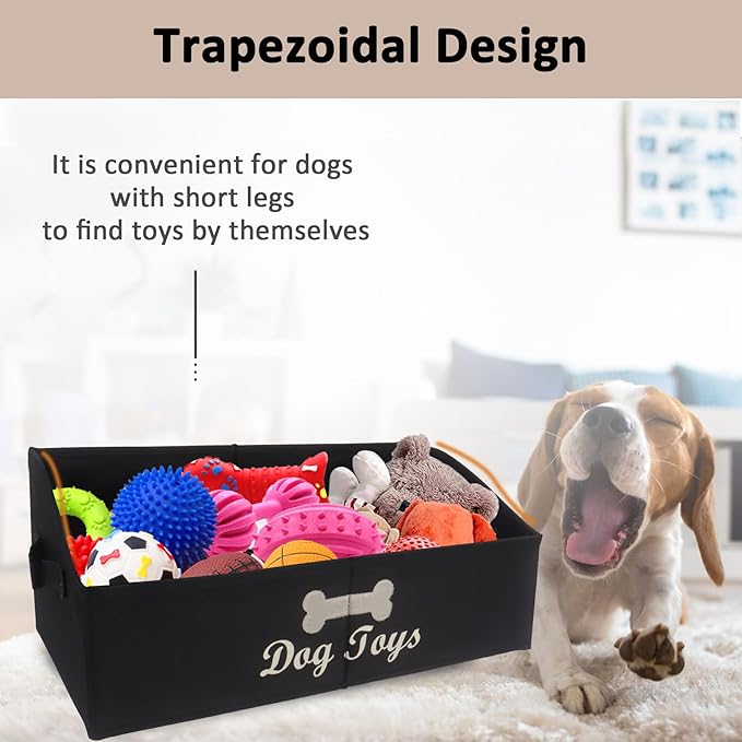 Collapsible Dog Toy Box - Fabric Storage for Toys/Blankets/Leashes - Personalizable - Black
