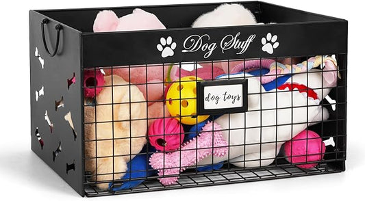 Dog Toy Basket - Large Dog Toy Box with Handles and Label Position Design for Living Room, Metal Dog Toy Bin Storage for Dogs Chew Pets Toys, Blankets, Clothes, Food (Black)