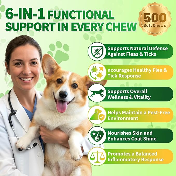 Flea and Tick Prevention for Dogs Chews- 500 Crunchy & Creamy Chews, Dogs Flea Chewables with Skin & Coat Support - Oral Supplement for All Breeds & Ages - Chicken & Cheese Flavor