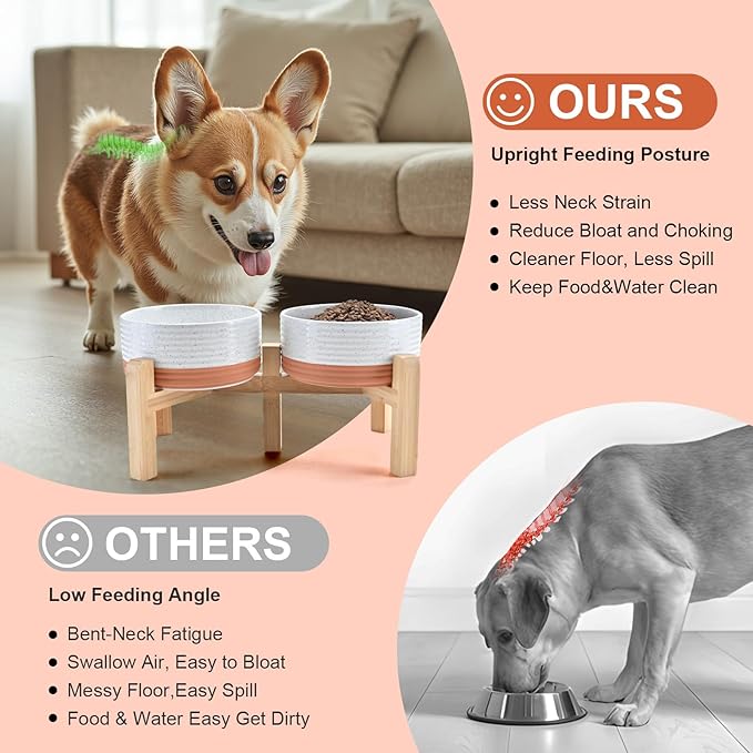 SPUNKYJUNKY Elevated Dog Bowls Ceramic, 6.1'' Dogs and Cat Food Water Bowls Raised with Non-Slip Bamboo Stand for Medium Sized Breed Microwave Dishwasher Safe - 28.7 OZ,Pattern White