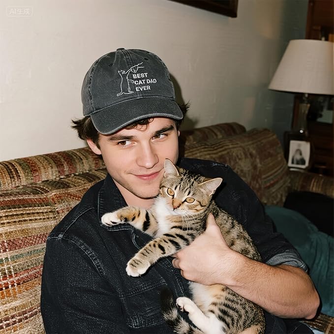 Cat Dad Gifts, Cat Dad Embroidered Letters Adjustable Baseball Cap Black