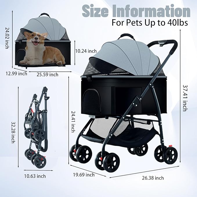 3-in-1 Pet Dog Stroller, Dog Wagon with Removable Carrier, Cat Stroller for Medium Dogs Up to 55lbs (Grey)