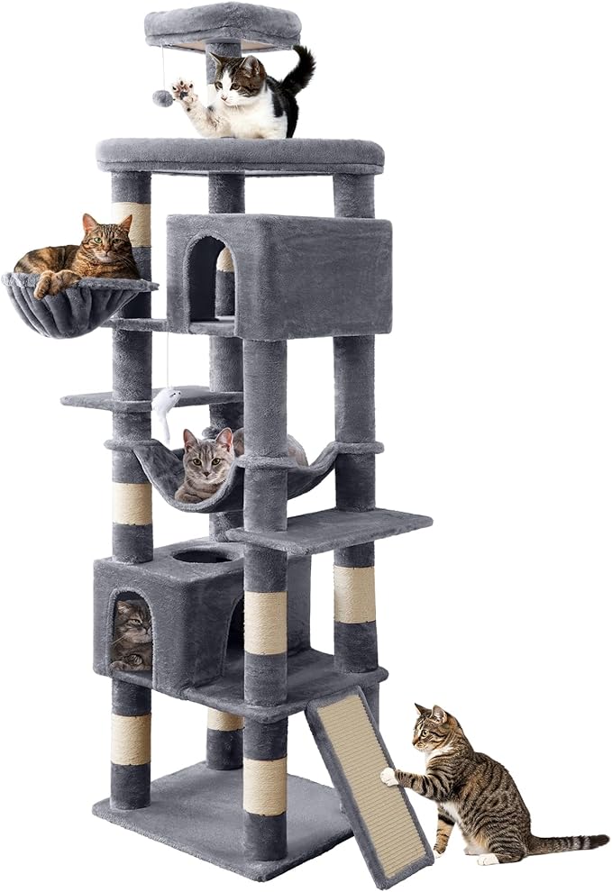 AMHANCIBLE Heavy Duty Cat Tree for Indoor Cats Large Adult 20 lbs+, 83 Inch Multi-Level Tall Cat Tower with Scratching Post and Board, Hammock, Condos, Hanging Basket, Grey, PT21GY