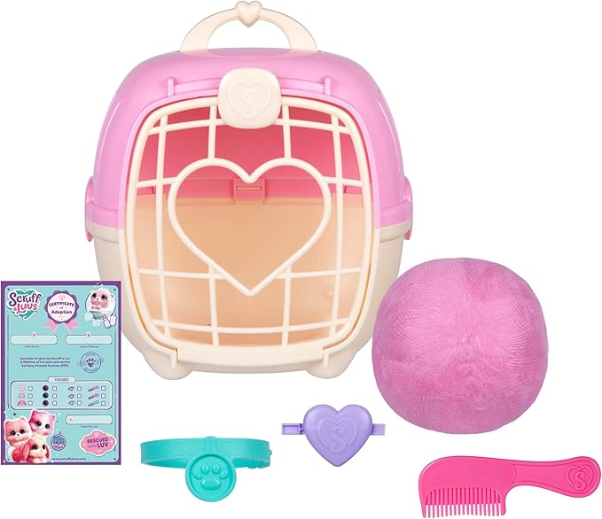 SCRUFFALUVS Pink Surprise Pet, Mystery Plush Toys, Stuffed Animals, Wash to Reveal 1 of 3 Rescue Pets: Puppy, Bunny, or Kitty - Includes 8.7" Deluxe Pet Carrier - Styles May Vary