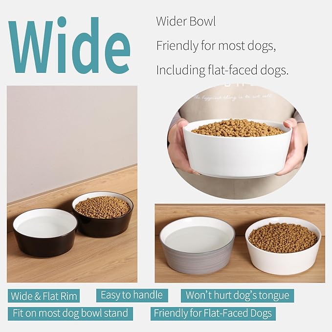 White Dog Bowl Ceramic for Medium Large Breed, Heavy Weighted Dog Food Water Dish, 8 in Non - Slip Modern Cute Extra Big Porcelain Pet Bowl Maze Wide Mouth