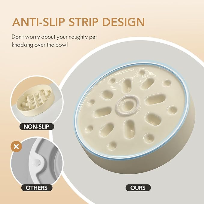 Ceramic 3.2 Cup Dog Bowl Slow Feeder, 9.5 inch Slow Pet Food Dish for Large Dog, Stop Bloat, Preventing Choking(Single Bowl, Beige)
