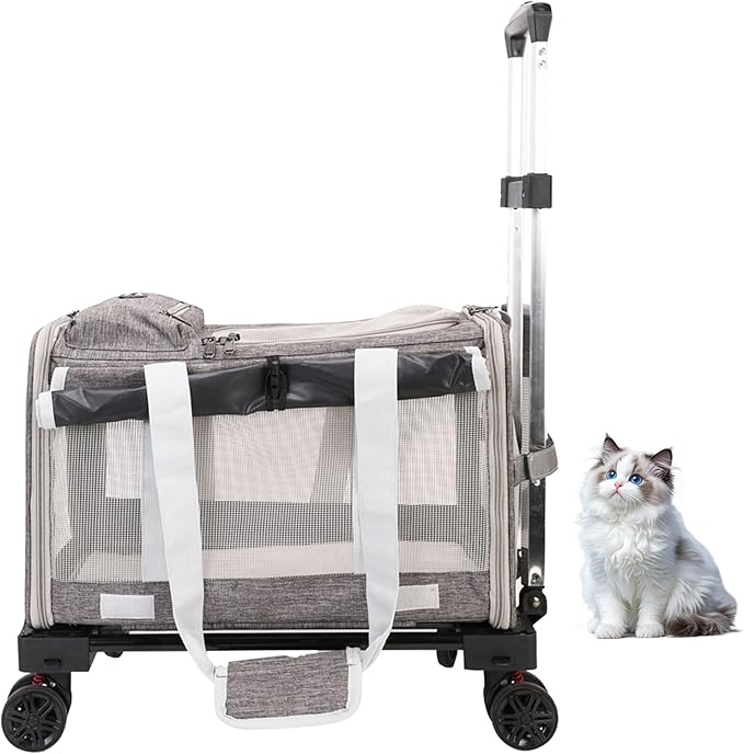 Pet Carrier with Wheels - Soft-Side Wheeled Cat Carrier for Dogs with Telescopic Handle, Collapsible Rolling Pet Travel Bag Carrier for Large Cats Small Medium Dogs for Camping Vet Visiting Grey