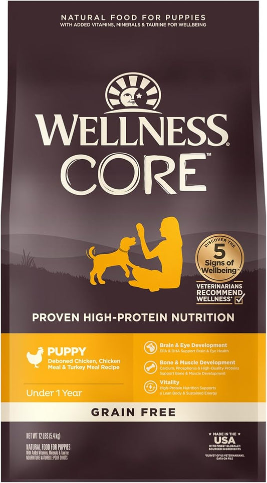 Wellness CORE Puppy Dry Dog Food, Grain-Free, High Protein, Natural, Chicken & Turkey Recipe, (12-Pound Bag)