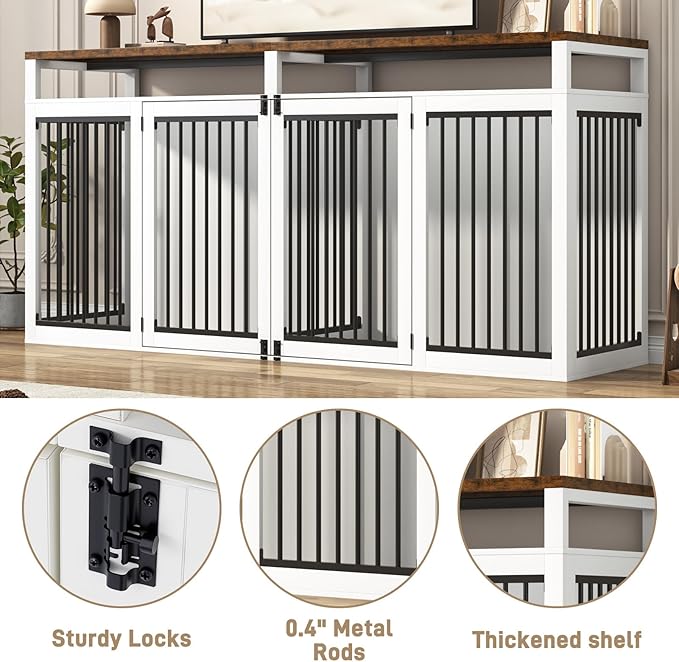 87In Farmhouse Dog Crate TV Stand, Wooden Dog Kennel Furniture with 2 Doors, Large Dog Crate Furniture for 2 Dogs, Solid Metal Tube & 4 Lockable Doors, White