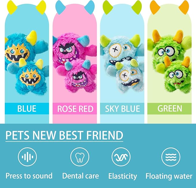 Plush Squeaky Dog Ball, Little Monster Puppy Toys Suitable for All Breeds, Chew Guard, Floating Water and Durable Interactive, Round and Soft (Blue, Large)