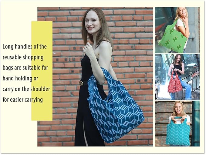 BeeGreen Geometry Reusable Grocery Bags Bulk 6 Packs X-Large, Reusable Shopping Bags Foldable for Groceries, Vegetables, Fruits Watertight Bulk Tote Bags (Cactus Rainbow Polka Dot Red Rose