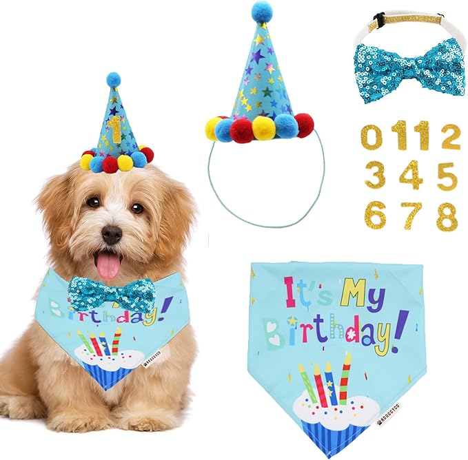 ADOGGYGO Dog Birthday Bandana Scarf and Blue Boy Puppy Birthday Party Hat with Cute Bow Tie for Small Dog Cat (Small)