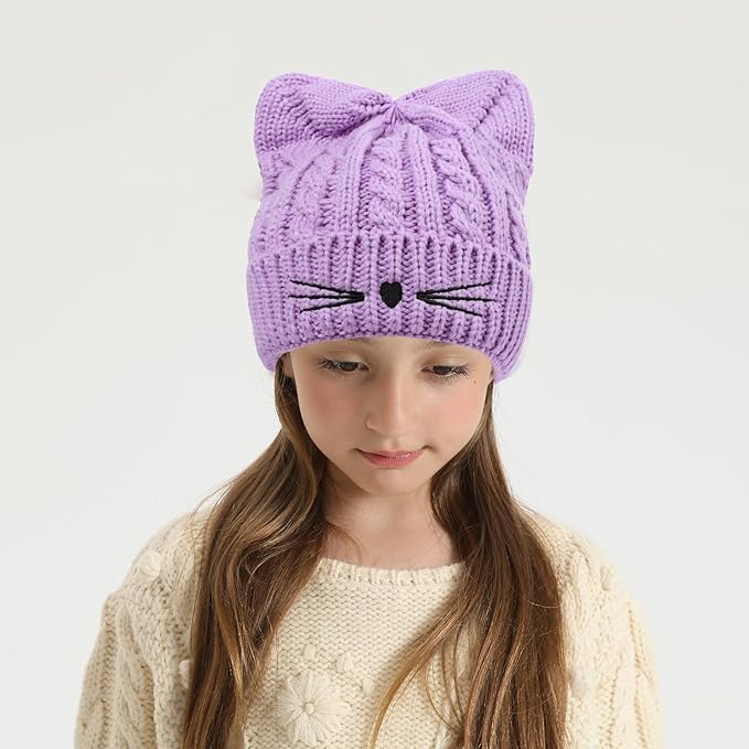 Kids Girls Cat Ear Hat Winter Warm Knit Beanie Cute Ski Skull Cap for Ages 7-12