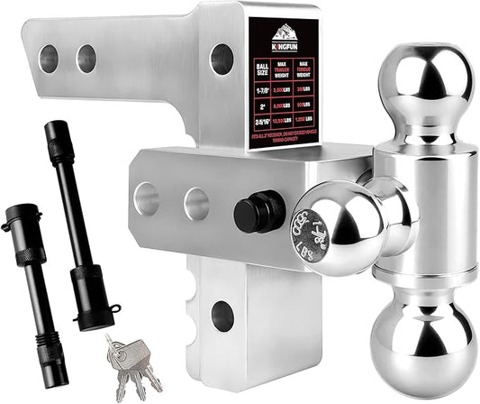 Kingfun Adjustable Trailer Hitch - Fits 2 Inch Receiver, Tri-Ball (1-7/8" X 2" X 2-5/16") 6-Inch Rise/Drop Hitch, 12500 Lbs Gtw Heavy Duty Aluminum Truck Tow Hitch with Anti-Theft Pin (Silver)