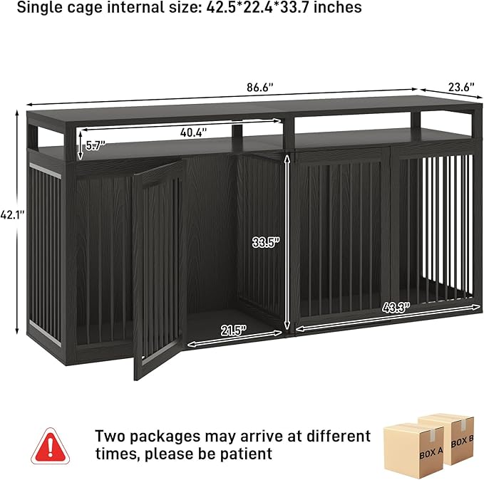 87In Farmhouse Dog Crate TV Stand, Wooden Dog Kennel Furniture with 2 Doors, Large Dog Crate Furniture for 2 Dogs, Solid Metal Tube & 4 Lockable Doors, Black