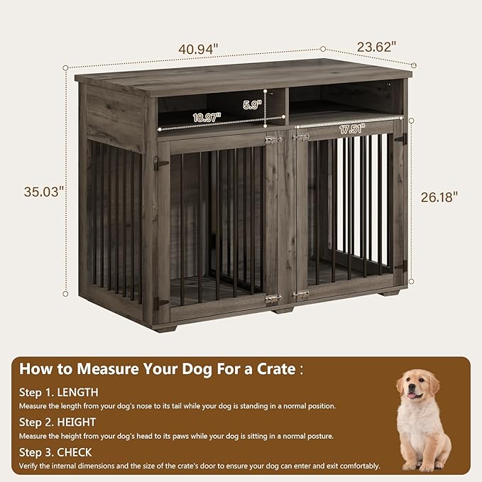 Furniture Dog Crate for Two Dogs, 41 Inch Furniture Style Dog Kennel with Removable Divider and Thickened Desktop, Heavy-Duty Base for Small to Medium Dogs, Grey