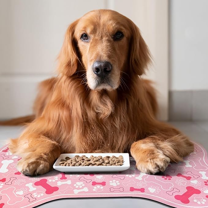 Dog & Cat Food Mat Bone Shaped Pet Feeding Mat Quick Absorb Water Bowl Placemat with Rubber Backing Indoor Floor Stain Resistant Pet Accessory Supplies (Light Pink, 17x29 Inches)