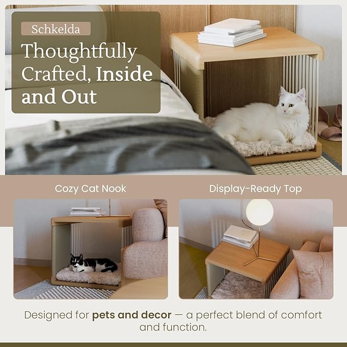 Wooden Cat House for Indoor Cats – Cat Furniture - Cat Bed with Area Scratching Pad - Cat Houses & Condos – Bedside End Table & Coffee Table for Living Room, Bedroom Decoration