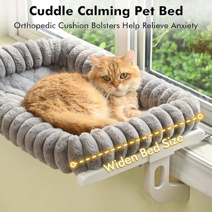 Cat Window Sill Perch,‌ 4-Sided Cushion Bolster Cat Window Seat with ‌Sturdy Frame,‌ ‌Easy Adjust Window Sill Mount Pet Bed for Indoor Cats (Gray, Large)
