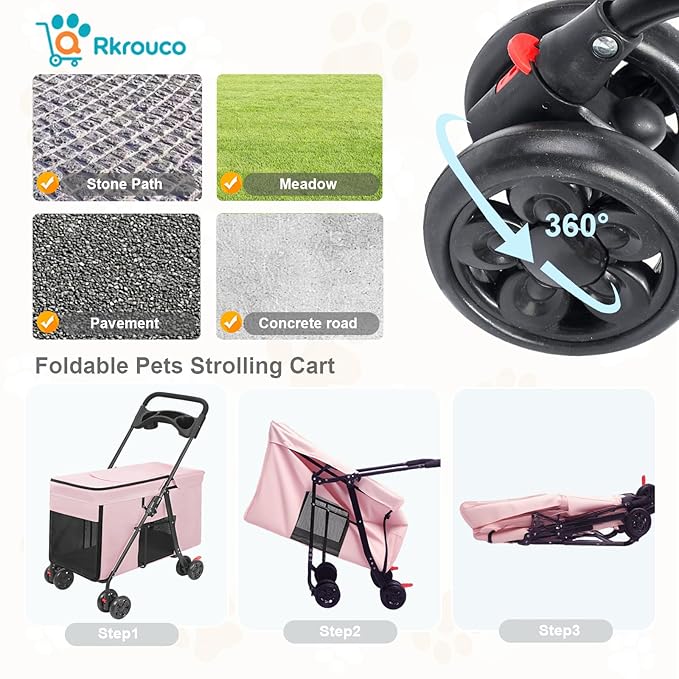 Foldable Pet Stroller for Small Medium Cat Dogs Portable Pets Carriers Strollers with 4 Wheels Up to 55Lbs Puppy Strolling Cart Travel (Pink)