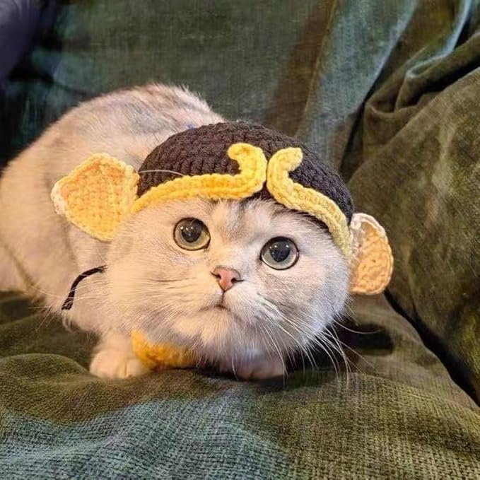 2Pcs 0-2.5kg 2.5kg-5kg Pet Cat Costume Hat with Ear Design, Black and Yellow Knitted Cap with Tassels