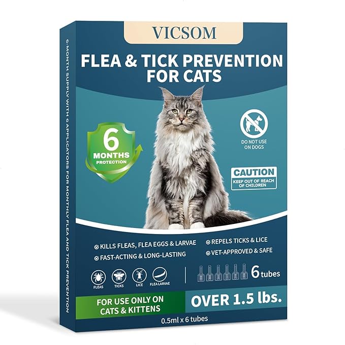 VICSOM Flea Treatment for Cat Flea and Tick Prevention for Cats Kitten, 6-Month Supply, Cat Flea Treatment & Control, Repellent, Fast Acting Topical Drops for Cats, Over 1.5 lbs, 24-Hour Protect