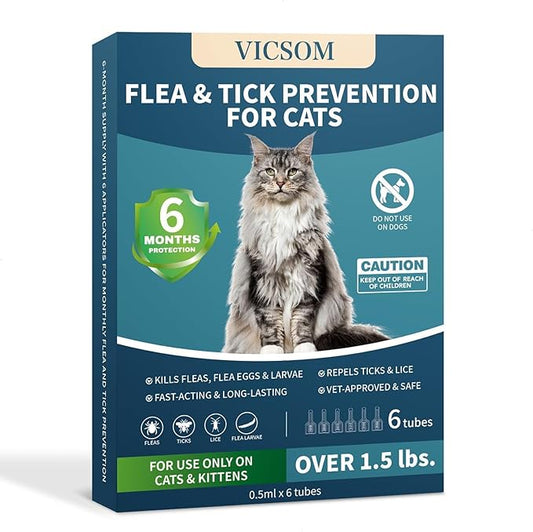 VICSOM Flea Treatment for Cat Flea and Tick Prevention for Cats Kitten, 6-Month Supply, Cat Flea Treatment & Control, Repellent, Fast Acting Topical Drops for Cats, Over 1.5 lbs, 24-Hour Protect