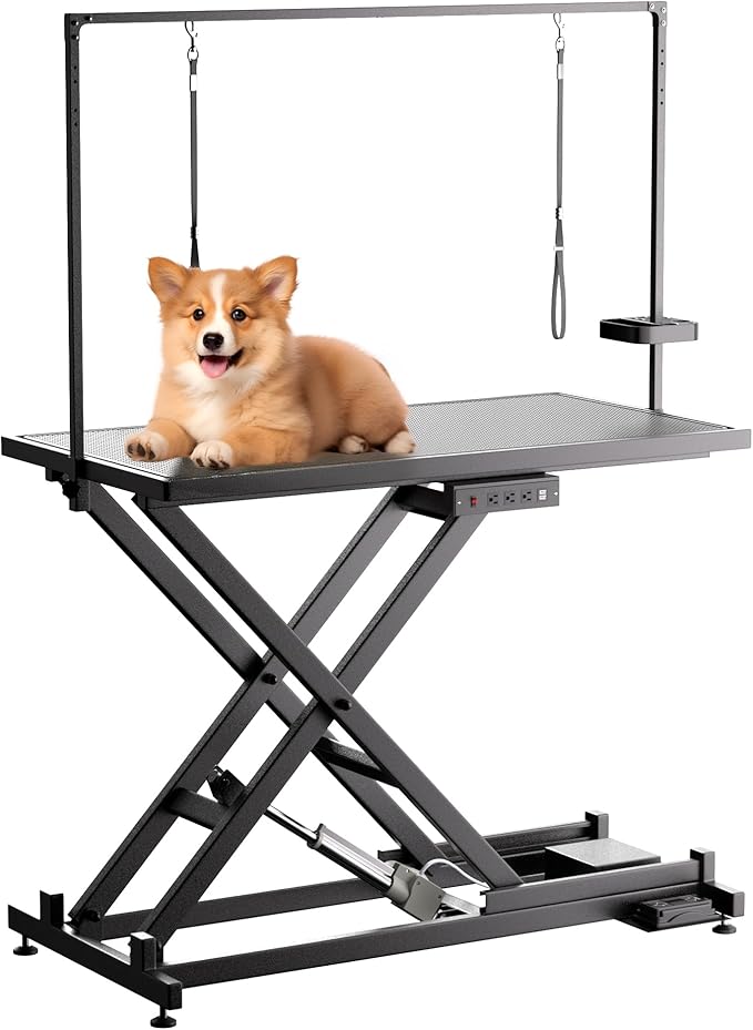 Professional Electric Lift Dog Grooming Table, 50 Inch Heavy Duty Pet Grooming Station with Roller, Adjustable Overhead Arms and Tool Organizer Suitable for Home and Commercial Use