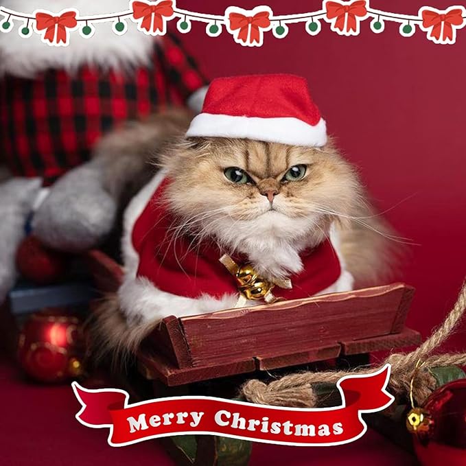 Cat Christmas Hat with Cloak, Small Dog Santa Costume, Pet Christmas Costume Suit for Cats Puppy Rabbits Doll, Santa Claus Set, Red S
