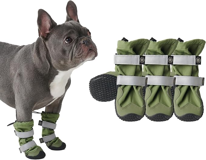 Spark Paws Dog Shoes, Waterproof Dog Boots for Medium to Large Dogs, Non Slip, Breathable Dog Booties and Paw Protectors - 4PCS Doggie Hiking Boots with Reflective Straps - Green, Size 1