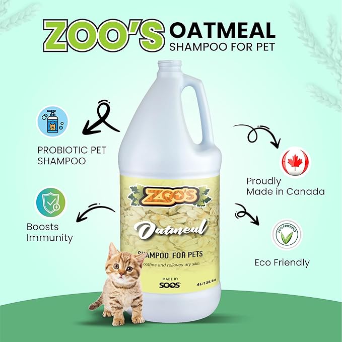 Zoo’s Pet Oatmeal Dog Shampoo for Cats and Pets Fast Absorbing Moisturize Skin Provides Relief to Dry Itchy Skin While Softening Your Pet’s Coat - 1x Dog and Cat Shampoo (4L / 1.32 gal)