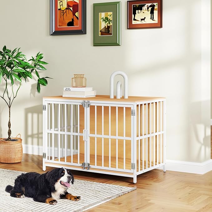 PETSITE 40 Inch Modern Dog Crate Furniture, Heavy Duty Wooden Dog Kennel with Double Lockable Doors, Decorative Dog Cage End Side Table for Small and Medium Sized Dogs (Natural)