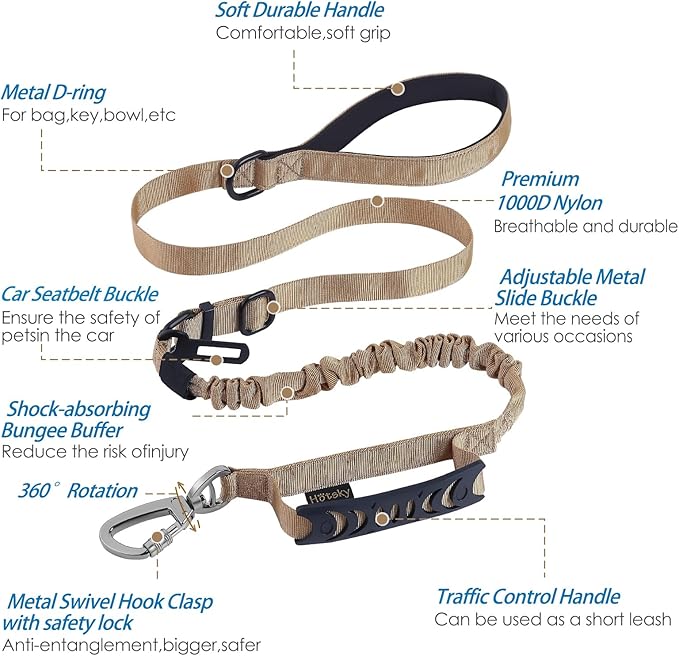 Hotsky Tactical Dog Leash Heavy Duty,4-6Ft Strong Bungee Shock Absorbing Lead with Padded Double Handle,Car Seatbelt,Metal Carabiner Clip,No Pull Leash for Small Dogs,Khaki
