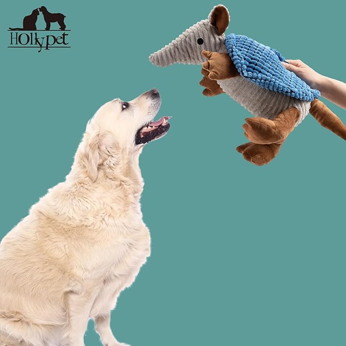 Hollypet Plush Dog Squeaky Toy Stuffed Armadillo Animal Pet Puppy Chew Toys with Clean Teeth for Small Medium Large All Breed Sizes Dogs, Blue, 14 in