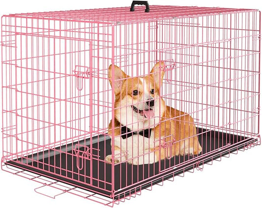 PayLessHere Large Dog Crate Kennel for Medium Large Dogs 36 inches Metal Dog Cage Double-Door Folding Travel Indoor Outdoor Puppy Playpen with Divider and Handle Plastic Tray,Pink